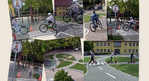Collage aus sieben Fotos eines Fahrradübungsplatzes. Abgebildet sind Straßen, Kinder auf Fahrrädern, Fußgängerüberwege und Fahrbahnmarkierungen, Pylonen und Verkehrsschilder.