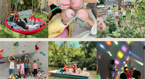 Collage aus sechs Fotos. Szenen einer Ferienfreizeit. Kind in Hängeschaukel, vier Kinder halten Smoothies, tanzende Kinder, Kinder in Kletterhalle, Kinder auf Tretboot, Kinder mit bunten Lichtern.