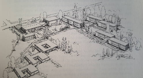 Bauplan über die Neubauten des Großen Waisenhauses. Zeichnung mit schwarzem Stift auf weißem Papier, es sind mehrere Gebäude, Wege und Bäume abgebildet.