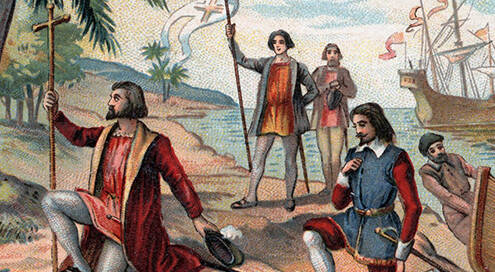 Gemälde, auf dem man die Ankunft von Kolumbus und anderen Seemännern an einer Küste sieht. Kolumbus kniet im Sand, andere Männer ziehen Boot an Land.