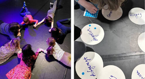 Collage aus zwei Fotos, links: sechs Kinder eine Erwachsene am Boden liegend, halten Hände, rechts: Papierkreise mit Adjektiven „mutig“, „aufgeregt“, „ängstlich“, „genervt“, „hungrig“, Junge der blaue Sticker auf Kreise klebt